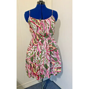 Loft beach Floral Linen dress Small Petite Short Elastic Waist Beachy Resort